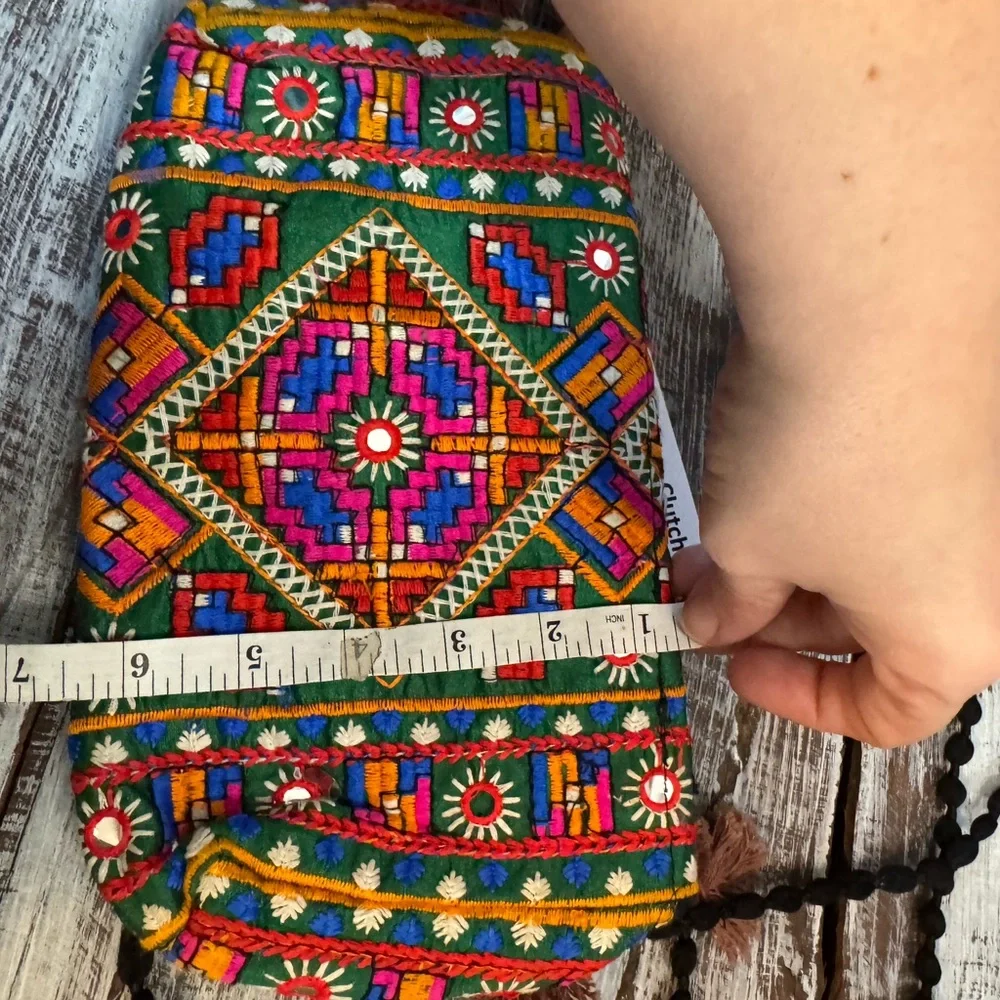 Multicolor Embroidered Rounded Flap Clutch - Green